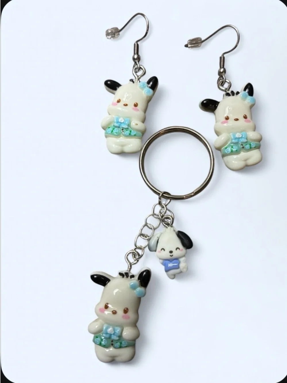 Cute Cream & Black Puppy Charm Keychain and Earring Set - Unbranded